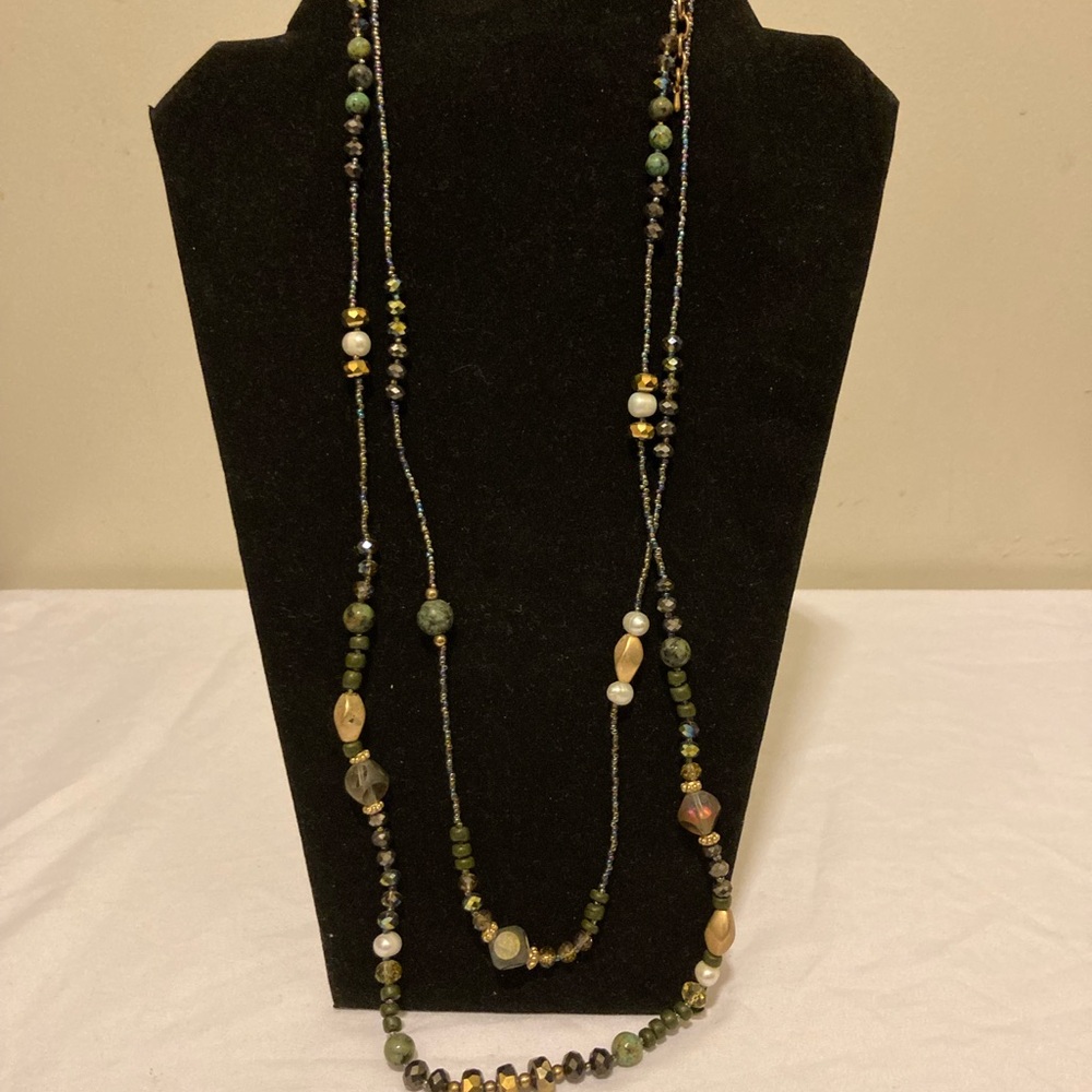 Long Multi-Strand Green and Gold Beaded Necklace and Earrings